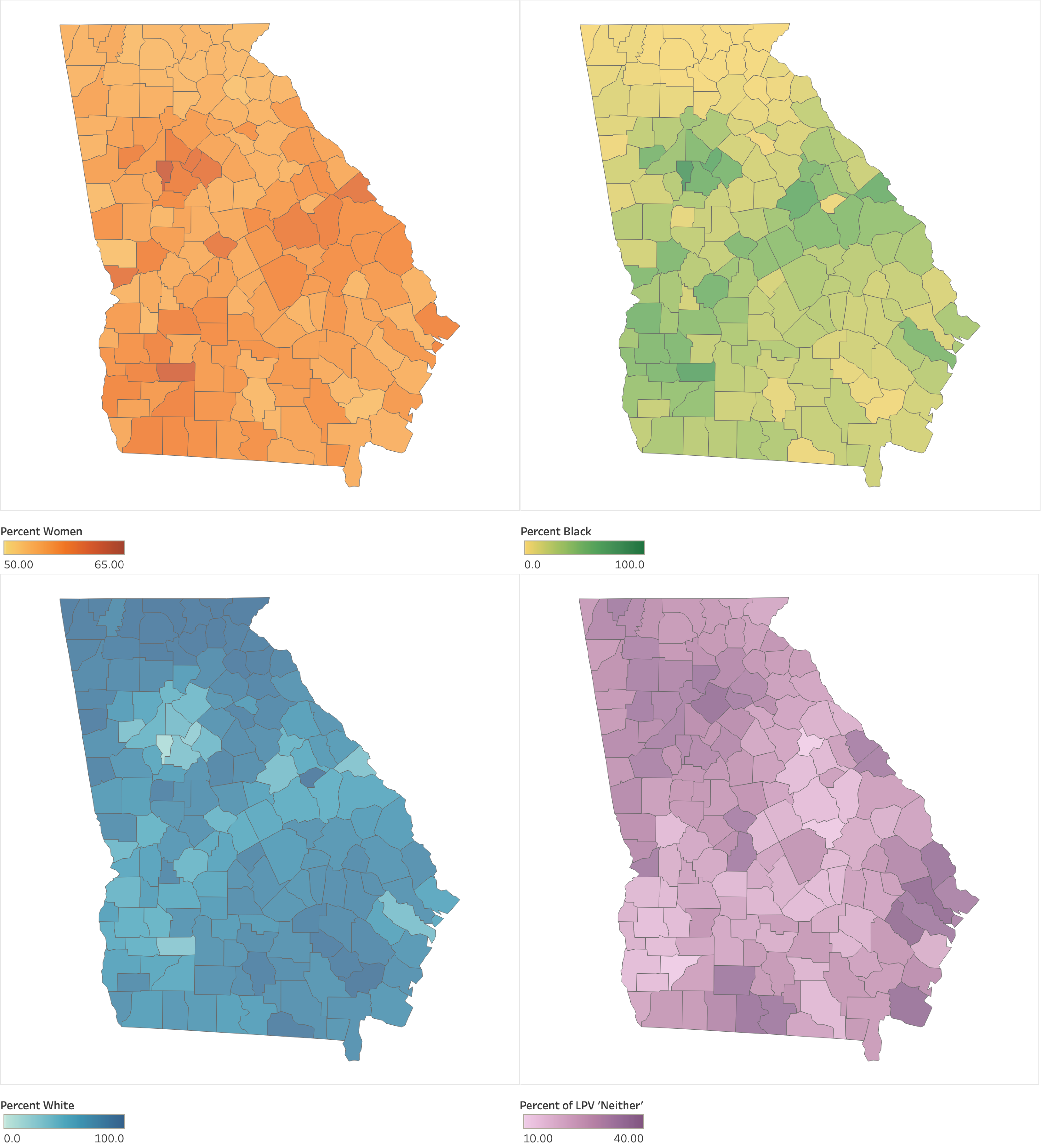 Four county maps of Georgia. The first depicts the percent of each county's pre-Election Day electorate comprised of women. Darker counties had closer to 65% of their early and absentee votes cast by women, while lighter counties featured closer to gender parity. Women comprised a majority in all counties. The second the percent of each county's pre-Election Day electorate comprised of Black voters. Greener counties had closer to 100% of their early and absentee votes cast by Black voters, while in yellow counties that figure was 0%. Black voters comprise a substantial portion of the early and absentee electorate in the Atlanta metropolitan area, other urban centers, and throughout the "Black Belt" across the center of the state. The third depicting the percent of each county's pre-Election Day electorate comprised of LPV "Neither" voters. Darker counties had closer to 40% of their early and absentee votes cast by these voters, while in yellow counties that figure was 10%. "Neither" voters comprise a substantial portion of the early and absentee electorate in the Atlanta area, northwestern Georgia, the Seacoast region, and smaller metropolitan areas like Columbus, Augusta, and Savannah. The fourth depicting the percent of each county's pre-Election Day electorate comprised of LPV "Neither" voters. Darker counties had closer to 40% of their early and absentee votes cast by these voters, while in yellow counties that figure was 10%. "Neither" voters comprise a substantial portion of the early and absentee electorate in the Atlanta area, northwestern Georgia, the Seacoast region, and smaller metropolitan areas like Columbus, Augusta, and Savannah.