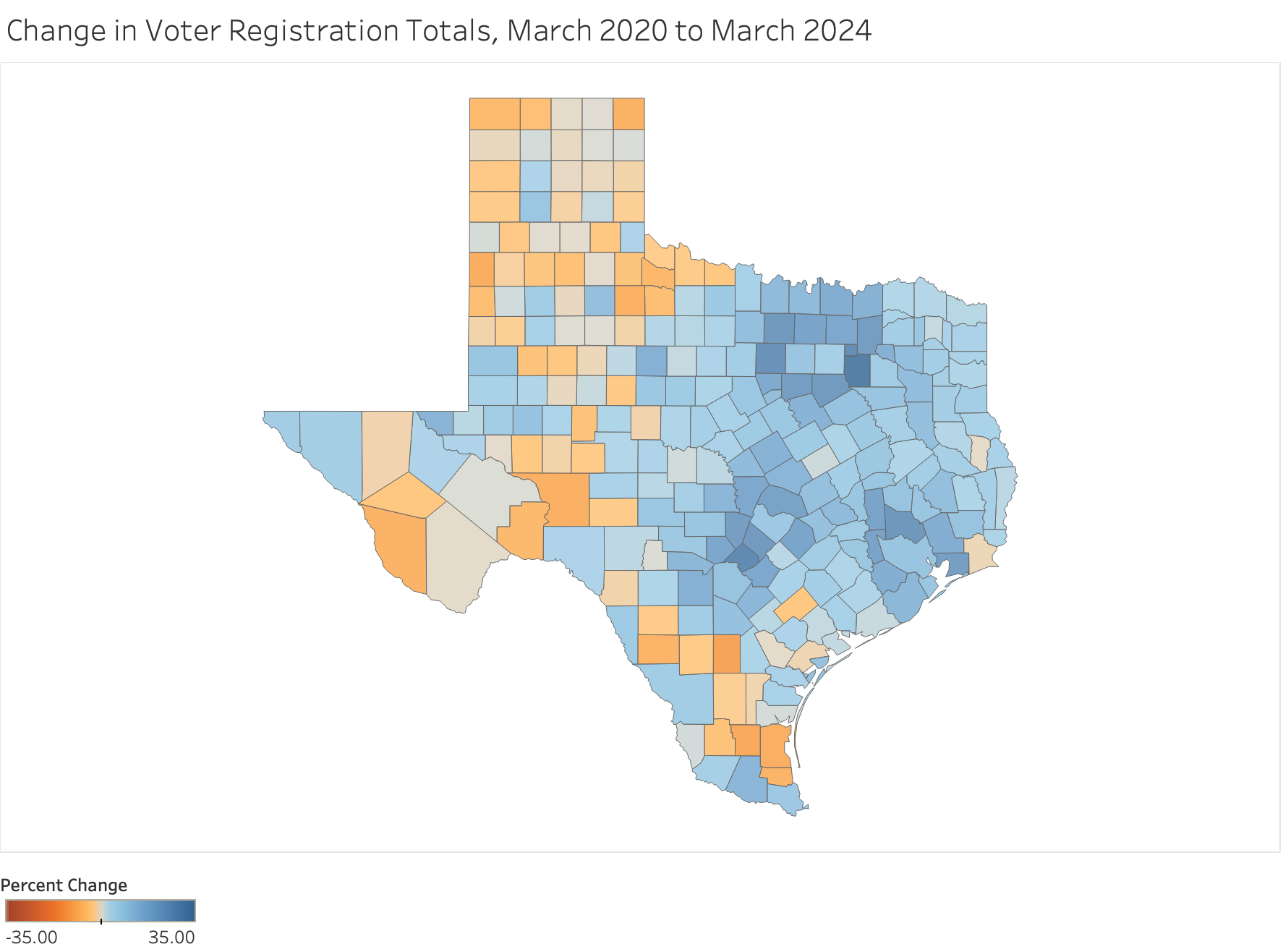 This map of Texas colours its counties by the amount that their population increased or decreased from the 2020 primary season to the 2024 primary season. Broadly, the Eastern half of the state, and particularly the large urban centers, have seen population increases, while populations have declined across the Western half of the state , especially northwest Texas and the panhandle.